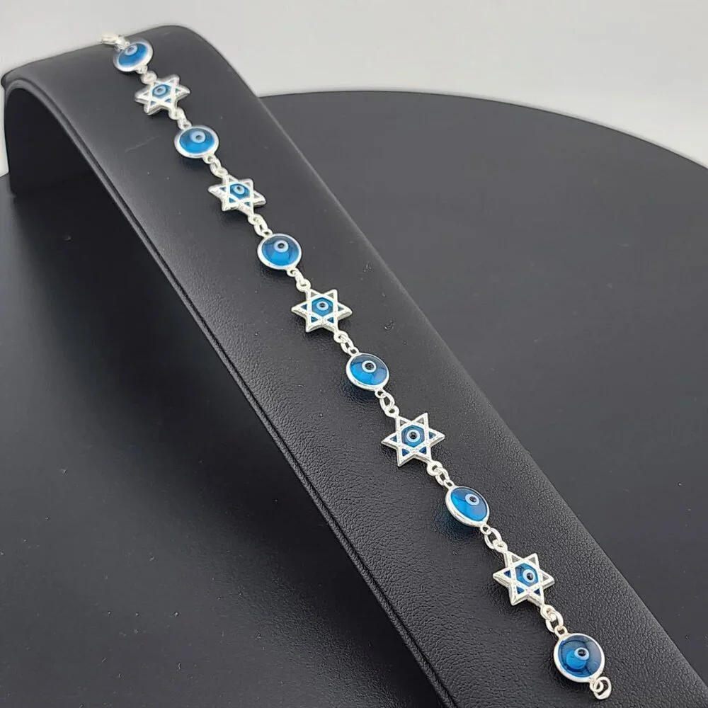 Sterling Silver 925 Multi Round & Star Evil Eye Bracelet – Protection & Style - Picture 4 of 13